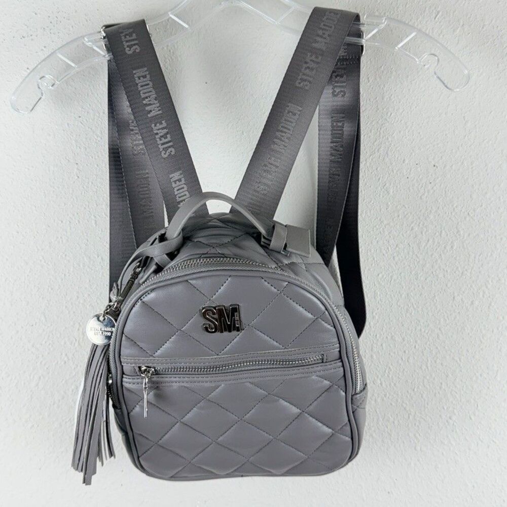 Steve Madden Women’s Gray Quilted Backpack Zip Silver Hardware Straps Tassel